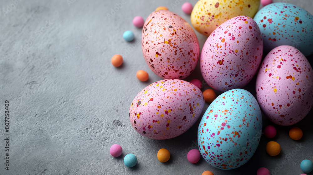 Pastel colored dotted eggs on a concrete gray stone background. Copy space wallpaper in style of Easter card. 