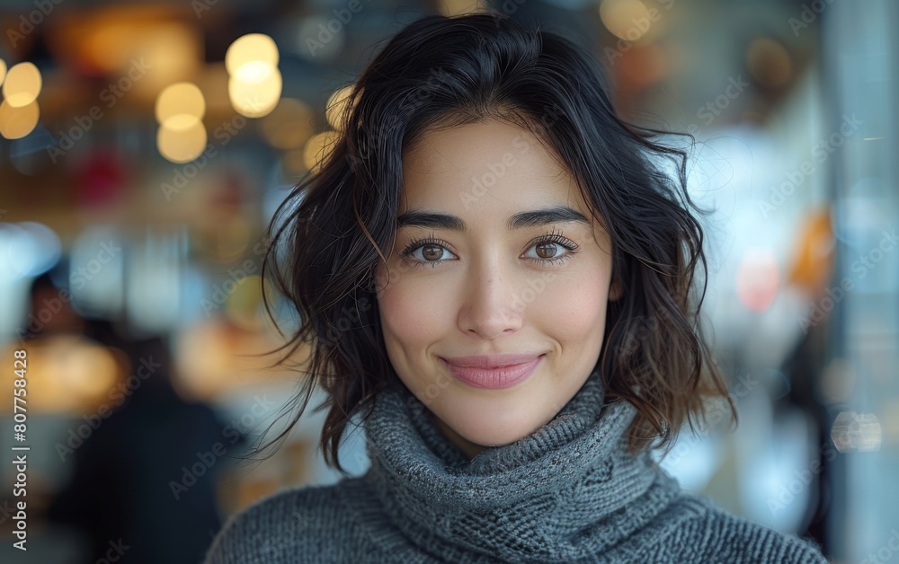 A woman with short hair and a gray sweater is smiling. She is wearing a necklace and has a necklace hanging from her neck A woman with short hair and a gray sweater is smiling. She is wearing a necklace and has a necklace hanging from her neck