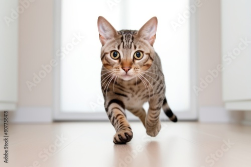 Lifestyle portrait photography of a funny ocicat hopping over minimalist or empty room background