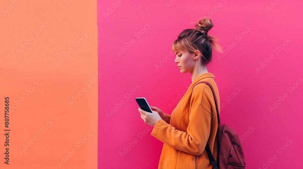 Naklejka premium a woman with a smartphone in her hands on a pink background. The concept of accessibility of communication and the Internet. Be in touch. Blogging, social media