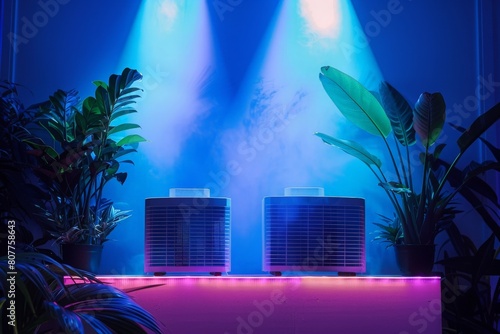 Three evaporative air cooler on podium, blue wind, plants, and spotlight photo