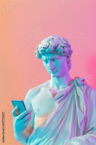 Vintage antique statue with smartphone in hand on a pink background. The concept of accessibility of communication and the Internet. Be in touch. Blogging, social media