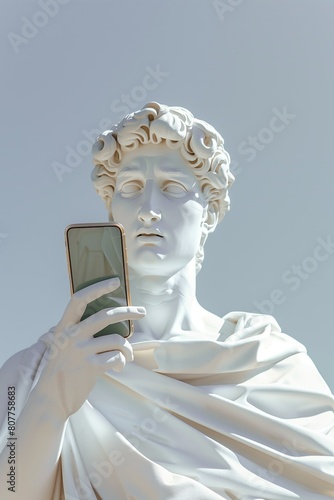 Vintage antique statue with smartphone in hand on a light background. The concept of accessibility of communication and the Internet. Be in touch. Blogging, social media