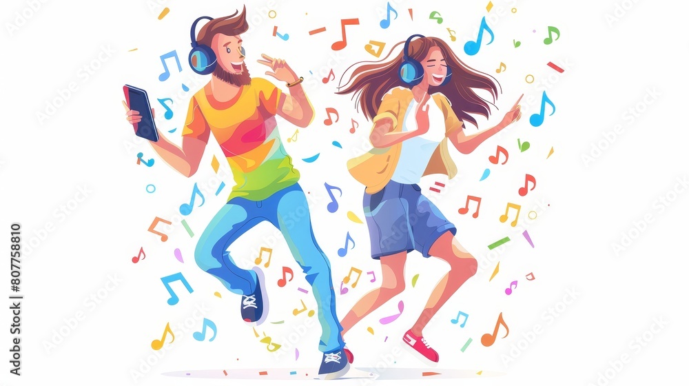 Laughing people listening to music. Young woman and man laughing at a disco party. Female student listening to a song in headphones at home. Funny action on disco party cartoon.