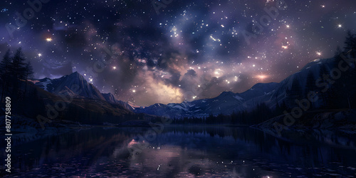 A night sky with stars and mountains in the background, Galaxy nature aesthetic background starry sky mountain remixed media © Tepo