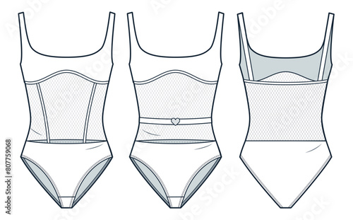 Bodysuit technical fashion illustration. Swimsuit fashion flat technical drawing template, square neck, mesh, slim fit, front and back view, white, women CAD mockup set.