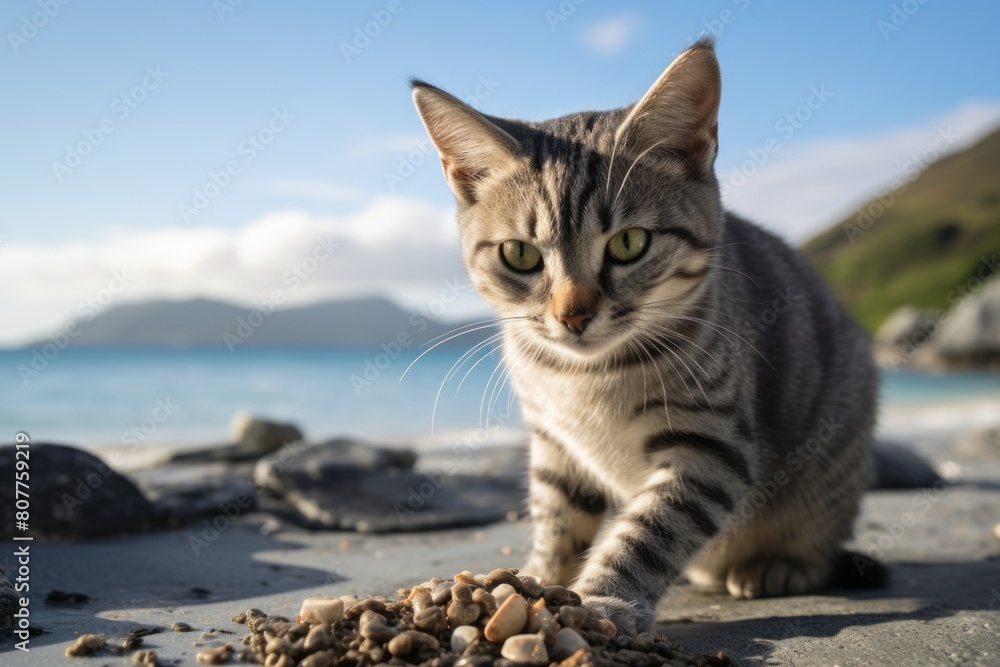 Lifestyle portrait photography of a curious american shorthair cat eating in beach background Lifestyle portrait photography of a curious american shorthair cat eating in beach background