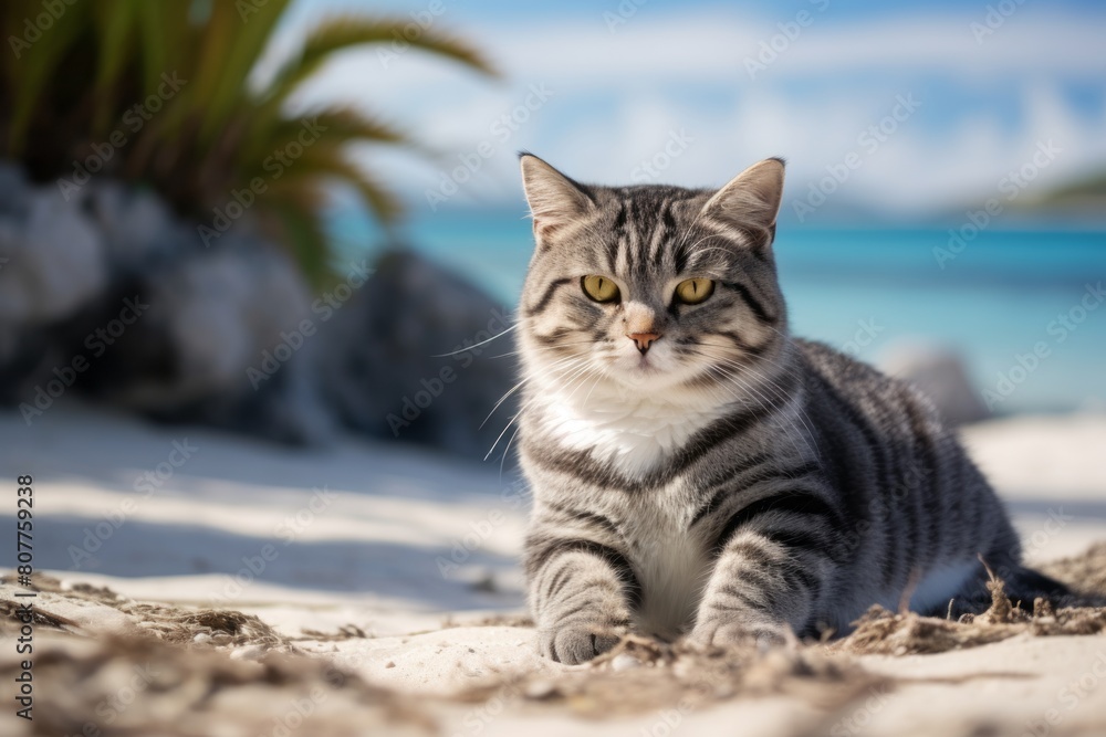Lifestyle portrait photography of a curious american shorthair cat eating in front of beach background