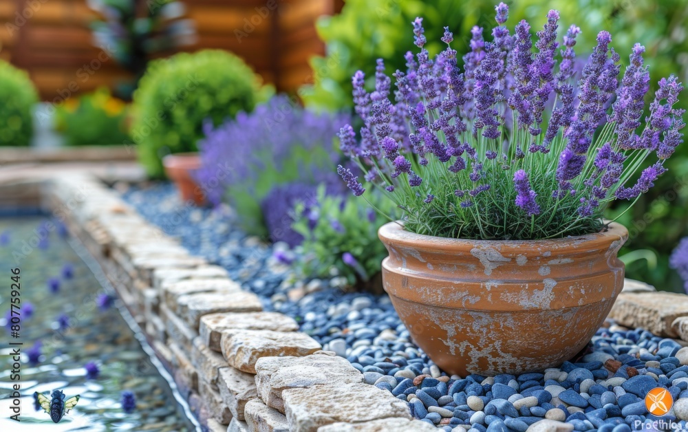 A large purple flower pot with lavender flowers sits on a stone wall. The flowers are in full bloom and the pot is placed on a bed of rocks. Scene is peaceful and serene, with the flowers A large purple flower pot with lavender flowers sits on a stone wall. The flowers are in full bloom and the pot is placed on a bed of rocks. Scene is peaceful and serene, with the flowers