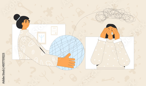 Online psychotherapy teenager concept. Psychology consultation about emotions. Private psychotherapy sessions. Crying teen girl talking to psychotherapist. Vector flat outline illustration.
