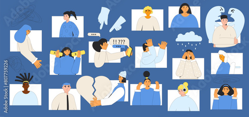 Mental disorders. People with burnout, confusion and depression mental illness. Neurodiversity community for help each others. Stressed persons. Vector illustration.