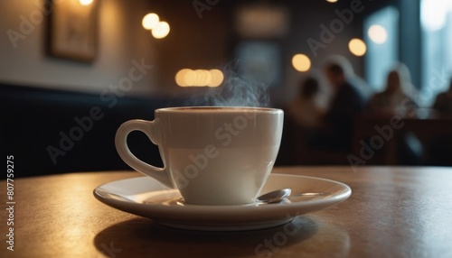 Cafe hot cup of coffee on a saucer on a dark background  casting a thin shadow. Bokeh in the background.