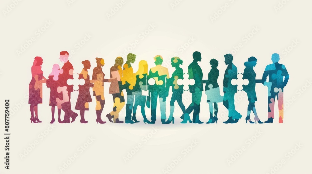 Colorful puzzle pieces form the silhouette of diverse business people