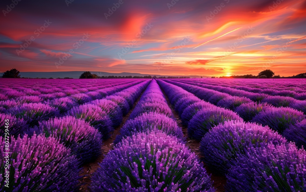 Fototapeta premium A field of lavender flowers with a beautiful sunset in the background. The sky is filled with clouds and the sun is setting, creating a warm and peaceful atmosphere