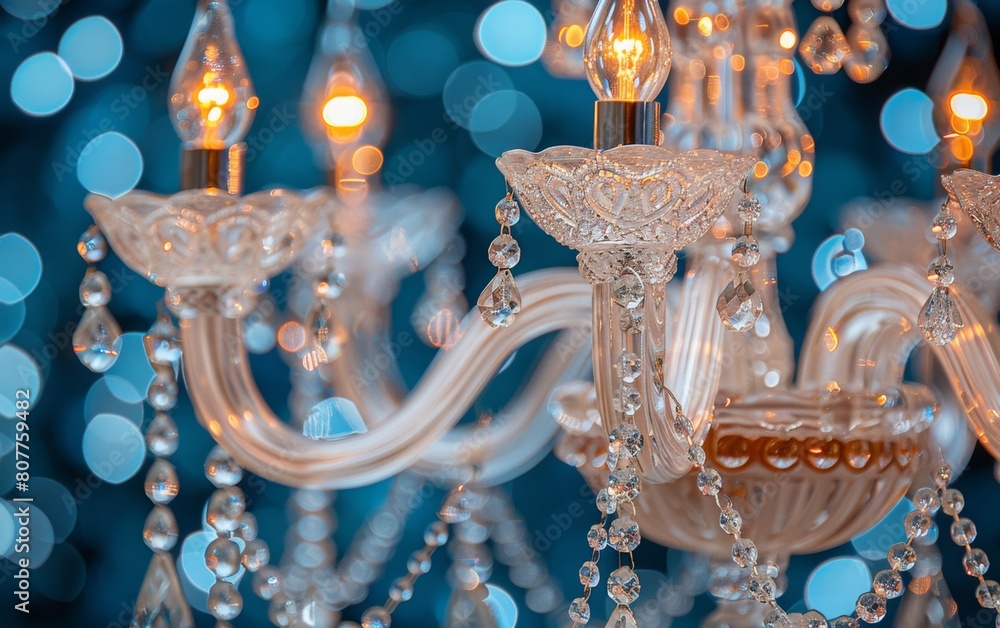 A chandelier with crystal beads hanging from it. The chandelier is lit up with a warm glow A chandelier with crystal beads hanging from it. The chandelier is lit up with a warm glow