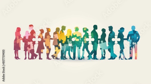 Colorful puzzle pieces form the silhouette of diverse business people