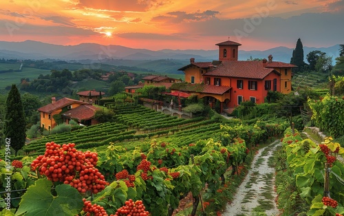 A beautiful vineyard with a red house in the background. The sun is setting, creating a warm and peaceful atmosphere