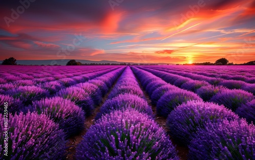 A field of lavender flowers with a beautiful sunset in the background. The sky is filled with clouds and the sun is setting  creating a warm and peaceful atmosphere