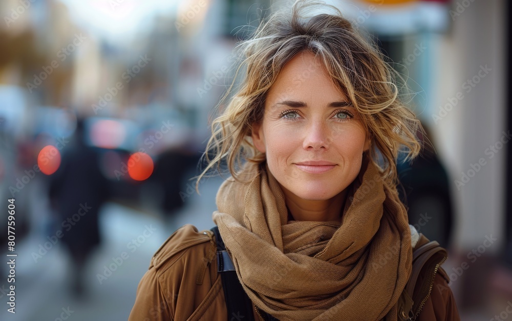A woman with blonde hair and a brown scarf is smiling in front of a building. The scene is set in a city with cars and a bicycle in the background A woman with blonde hair and a brown scarf is smiling in front of a building. The scene is set in a city with cars and a bicycle in the background
