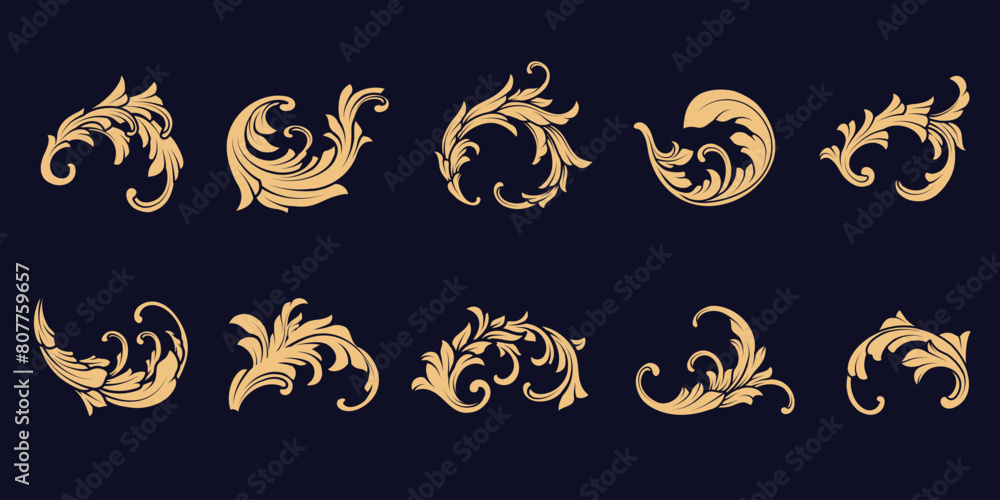 Set of gold Vintage flourish Baroque Victorian frame border flower pattern. Elegant vector floral engraved scroll ornament leaf retro decorative design shield swirl filigree calligraphic heraldic