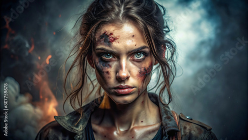 brunette woman in city, outdoor portrait, beauty with post apocalyptic theme