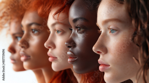 Profile picture of five women faces of different colours. Banner, close up. Selective focus. Feminism concept