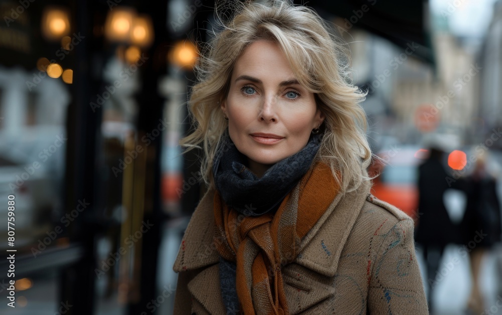 A woman with blonde hair and a scarf is standing on a street. She is smiling and looking at the camera A woman with blonde hair and a scarf is standing on a street. She is smiling and looking at the camera