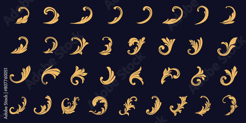 Gold Ornamental design lace borders and elegant corners, baroque, victorian, swirl, filigree, Vector set art deco floral ornaments elements