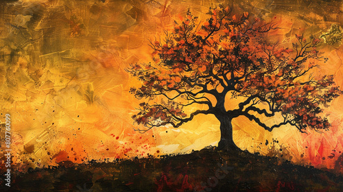 the majestic silhouette of a Fall Fiesta Sugar Maple tree against the backdrop of a golden sunset, with its branches reaching skyward and its foliage aglow in the warm hues of twilight,