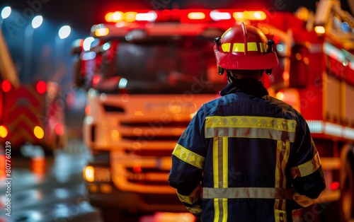 A firefighter stands in front of a fire truck