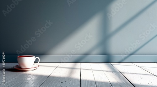 Blue cup on saucer on wooden floor with sunlight shining through window, still silent motionless inactive undisturbed photo