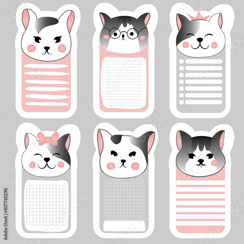 A set of notebook pages with cute cat faces. Template for planning, to-do list, daily schedule, sheet for notes and other reminders.