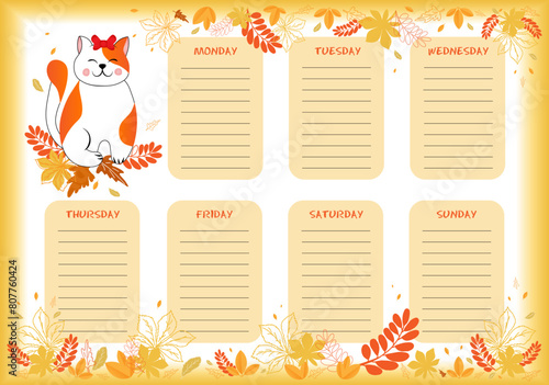 School weekly and daily planner with cute little grey cat in colorful winter design.