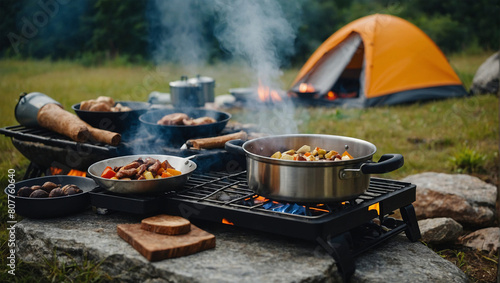 camping cooking in nature outdoor, prepare breakfast picnic in mist morning