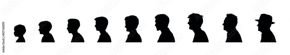 Man life cycle from child to elderly face side profile silhouette set collection. Male person aging process from baby to old age face profile black silhouette set.