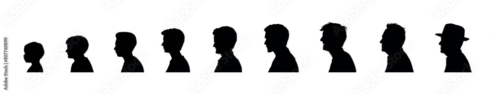 Fototapeta premium Man life cycle from child to elderly face side profile silhouette set collection. Male person aging process from baby to old age face profile black silhouette set.
