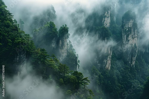 Majestic high rock shapes in fog, exterior view Zhangjiajie/Tianzi, Hunan, China
 photo