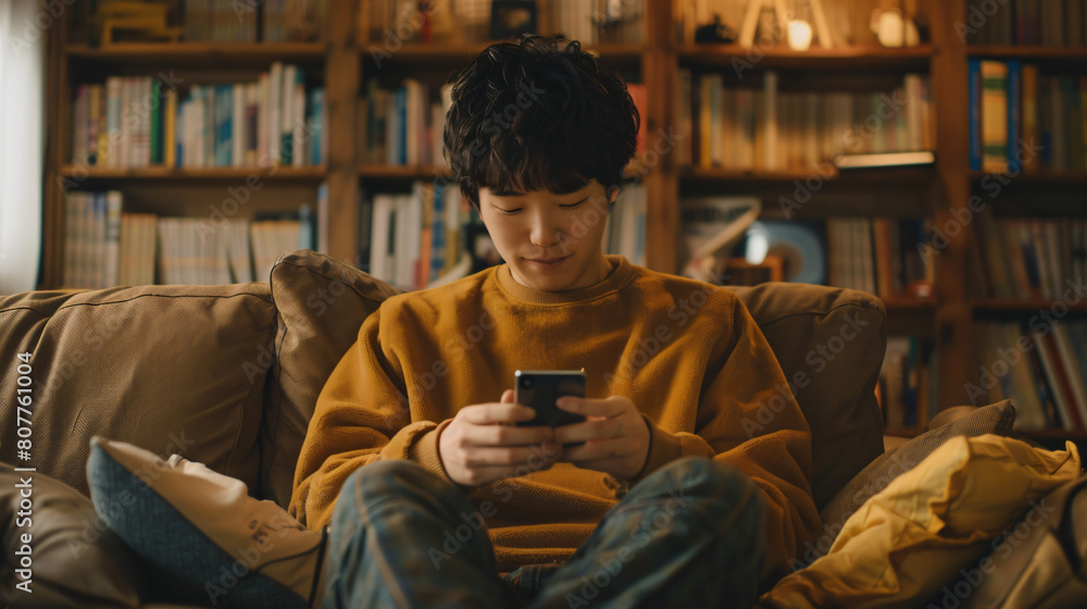 A asian young man sitting on a sofa and using a smartphone A asian young man sitting on a sofa and using a smartphone