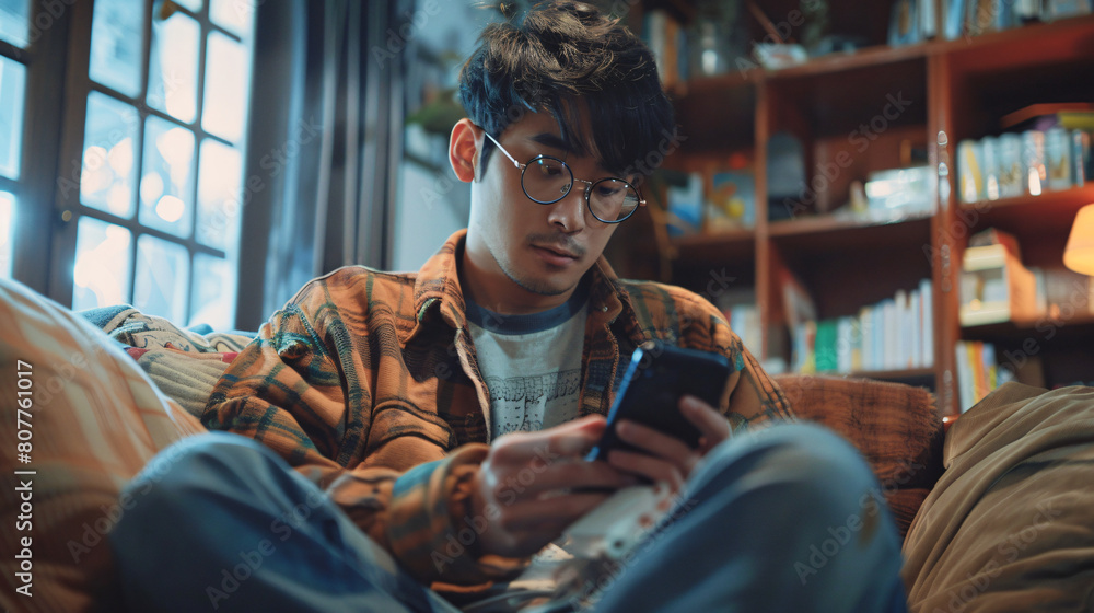 A asian young man sitting on a sofa and using a smartphone 