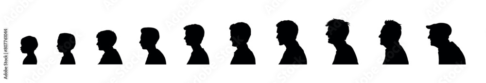 Man life cycle from child to elderly face side profile isolated silhouettes set. Male person aging process from newborn to retirement face profiles silhouette set on isolated white background.