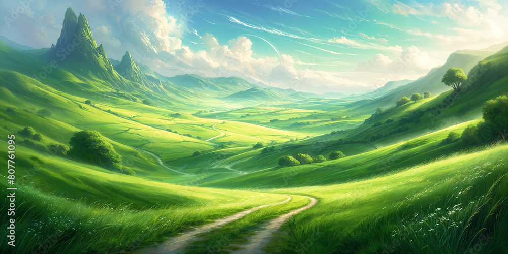 A serene landscape featuring rolling green hills, a winding dirt road, and majestic mountains in the distance under a clear blue sky with wispy clouds. A serene landscape featuring rolling green hills, a winding dirt road, and majestic mountains in the distance under a clear blue sky with wispy clouds.