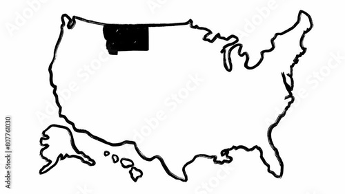 Hand written black contour of the USA map and Montana state on white background in set of stop motion animations. Template of America country borders and one highlighted district made in scribble
