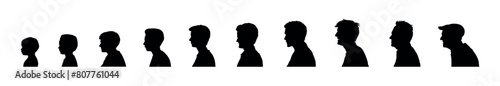 Man life cycle from child to elderly face side profile isolated silhouettes set. Male person aging process from newborn to retirement face profiles silhouette set on isolated white background.