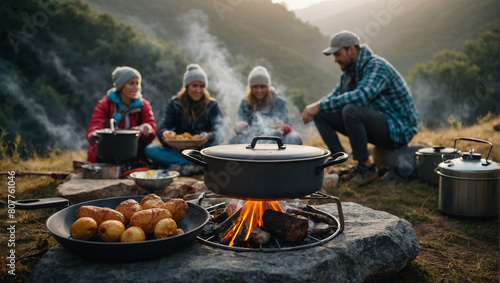 camping cooking in nature outdoor, prepare breakfast picnic in mist morning