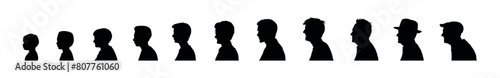Man life cycle and aging process side view face profile silhouette set on isolated white background.