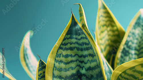 the sleek and elegant lines of a snake plant leaf, with its distinctive variegated pattern and sharp, pointed tips captured in crisp detail, showcasing the timeless beauty and resilience photo