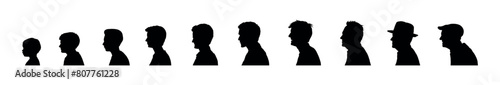 Man life cycle from newborn to retirement face profile black silhouette set on isolated white background.
