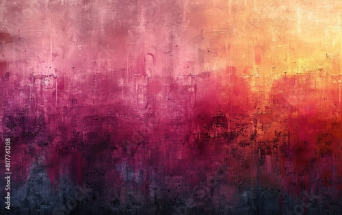 A painting of a cityscape with a pink and orange background. The painting is abstract and has a lot of texture. The colors are bold and vibrant  giving the painting a sense of energy and movement