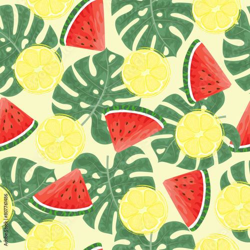 Seamless pattern with hand drawn  watermelon, lemon slace and tropical monstera leaves on yellow background.