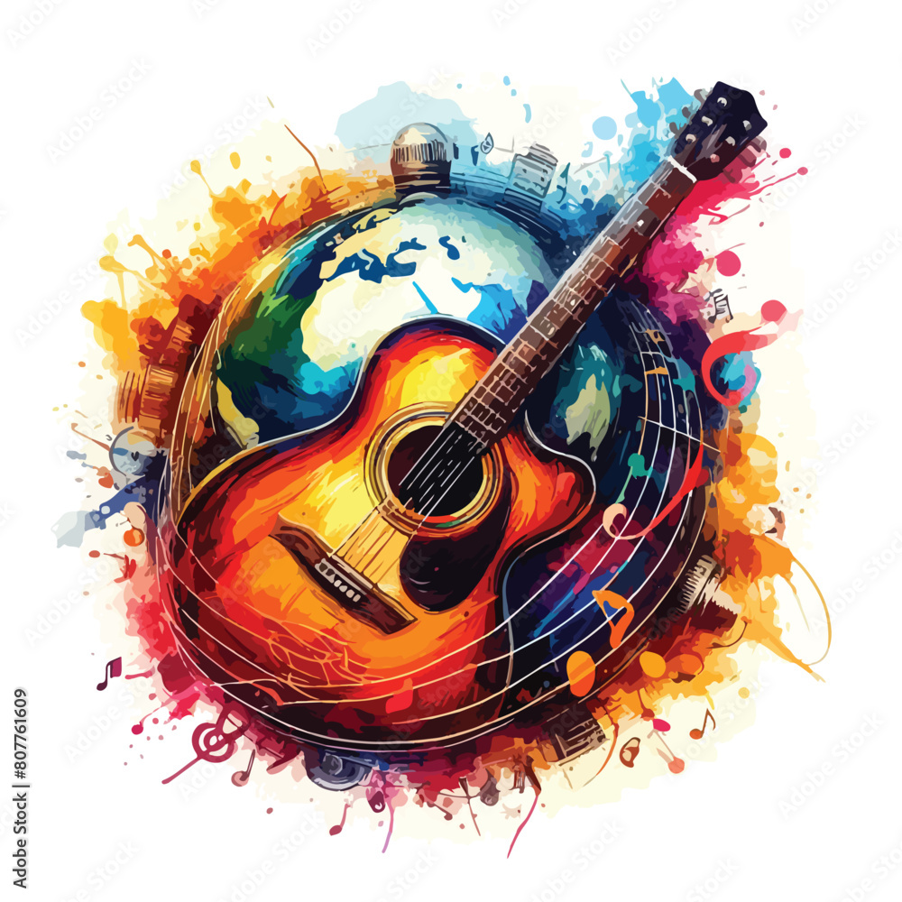 Fototapeta premium Watercolor a digital painting of a guitar World Music Day with vector illustration